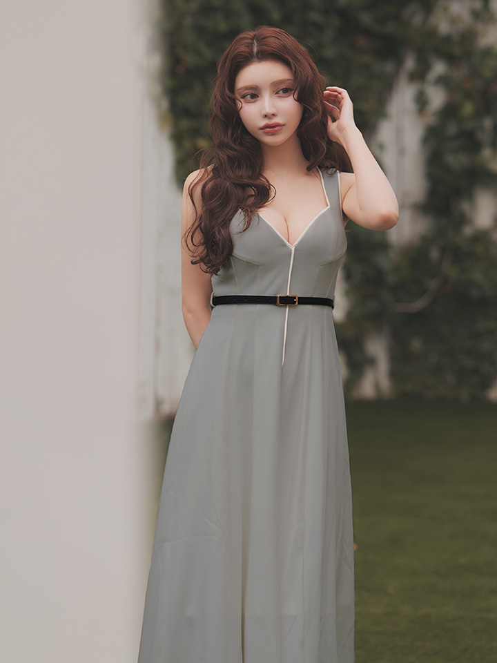 バイカラー/パイピング/ノースリーブ/ベルト/フレア/無地/ロングドレス/キャバドレス09