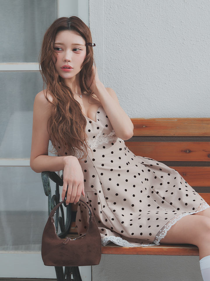 ドット柄/キャミソール/谷間見せ/レース/スーツ生地/ドッキング/プリーツ/フレア/Aライン/ミニドレス/キャバドレス03