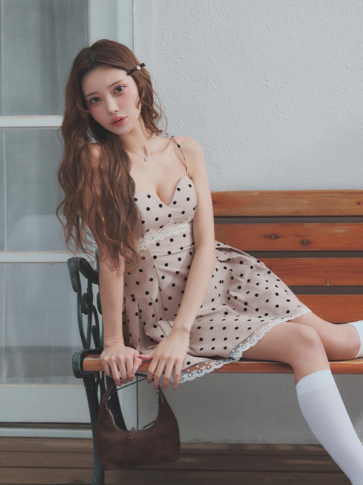 ドット柄/キャミソール/谷間見せ/レース/スーツ生地/ドッキング/プリーツ/フレア/Aライン/ミニドレス/キャバドレス07