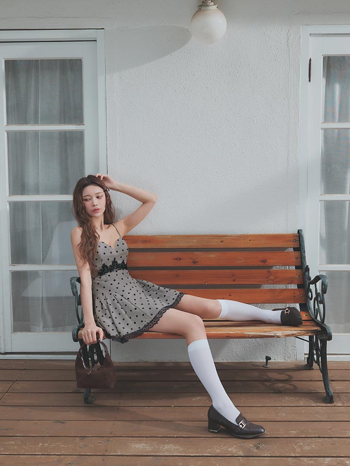 ドット柄/キャミソール/谷間見せ/レース/スーツ生地/ドッキング/プリーツ/フレア/Aライン/ミニドレス/キャバドレス10