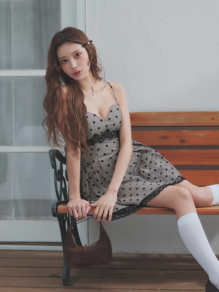 ドット柄/キャミソール/谷間見せ/レース/スーツ生地/ドッキング/プリーツ/フレア/Aライン/ミニドレス/キャバドレス11