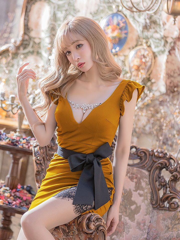 再入荷!フリルスリーブサイドシアードレス/ミニドレス/キャバドレス