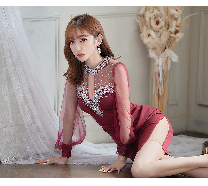 ホルターネックビジューシアーカットドレス/ビジュー/チュール 