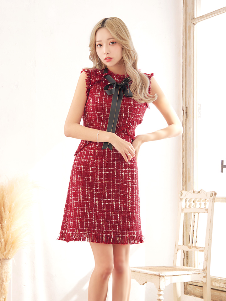 ネイビーツイードドレス チェック柄 ボタン[品番：SGRW0000081]｜DressShop JEWELS（ドレス ショップジュエルズ）のレディースファッション通販｜SHOPLIST（ショップリスト）