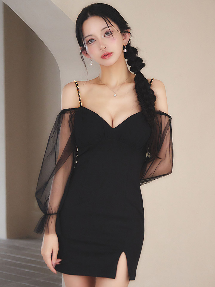 チェーンキャミソールチュール袖ミニドレス/キャバドレス1