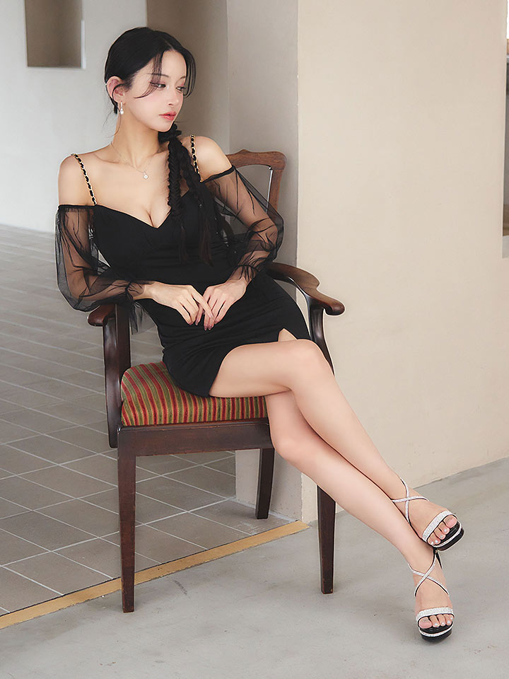 チェーンキャミソールチュール袖ミニドレス/キャバドレス1