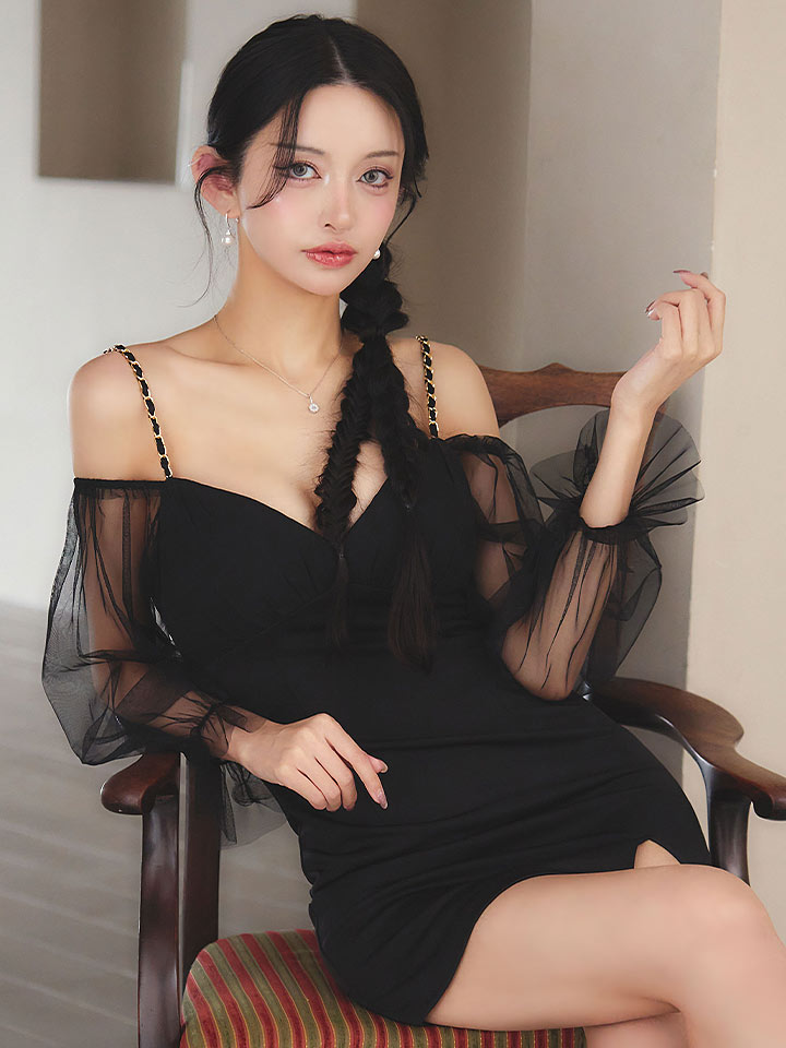 チェーンキャミソールチュール袖ミニドレス/キャバドレス1