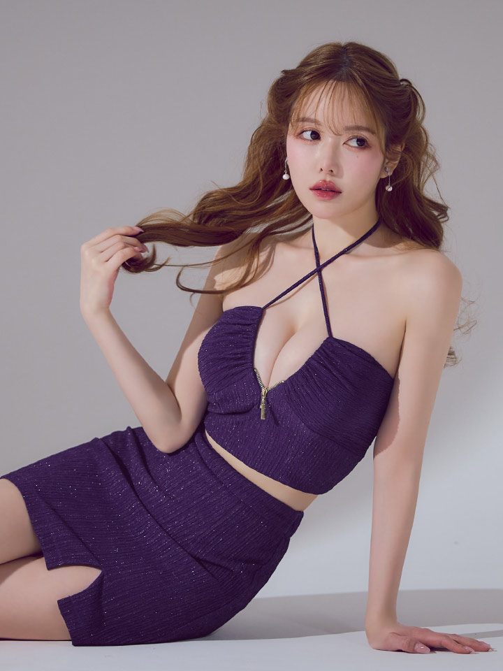 ラメホルターネックスリットタイトミニドレス/ キャバドレス03