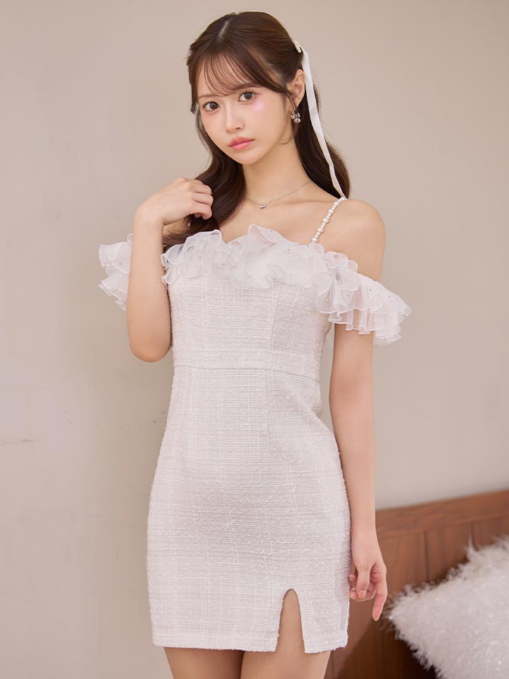 オフショルシフォンツイードタイトミニドレス/キャバドレス11