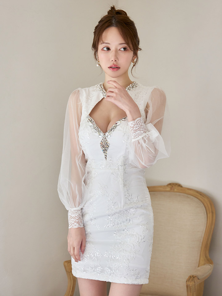 花柄刺繍レースシアースリーブビジュータイトミニドレス/キャバドレス2