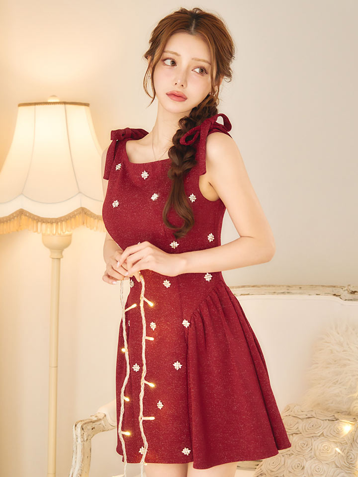 ショルダーリボンビジューフレアミニドレス/キャバドレス1