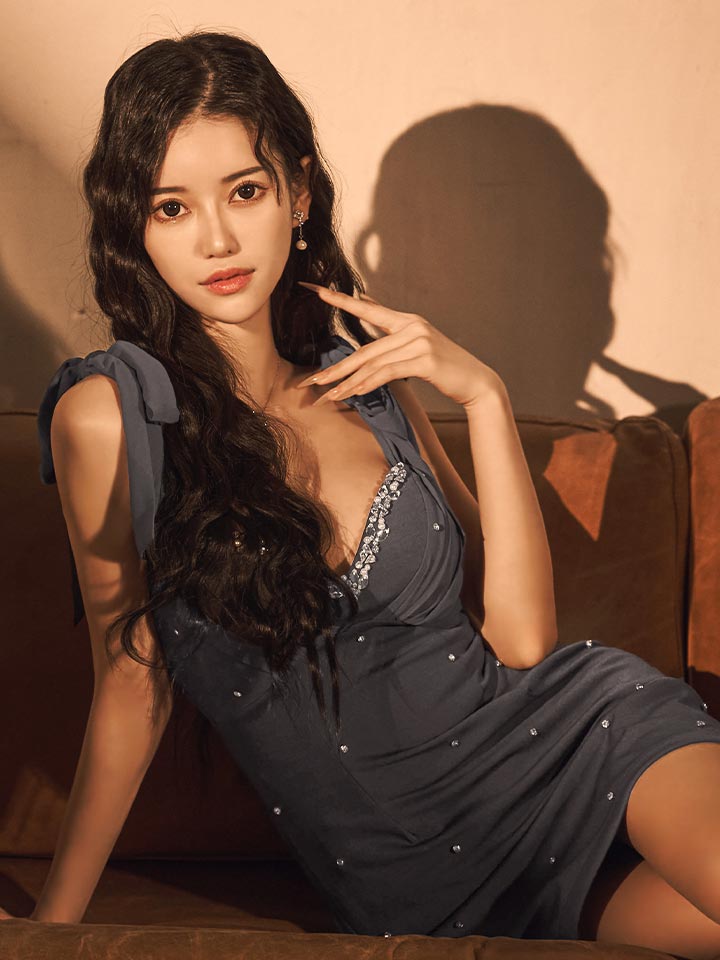 ショルダーリボンVネックビジュータイトミニドレス/キャバドレス13