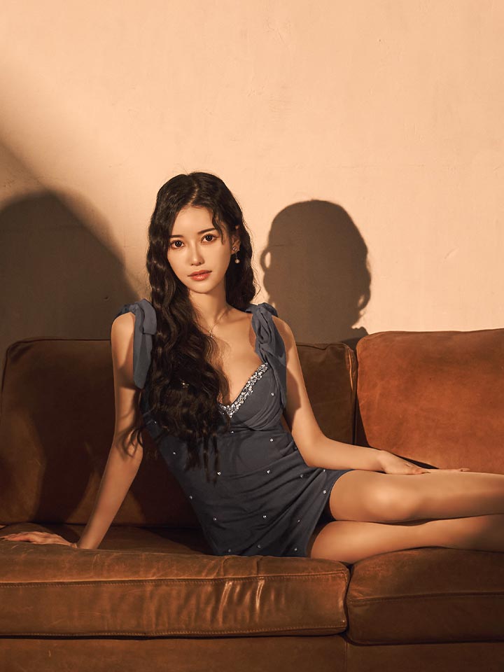 ショルダーリボンVネックビジュータイトミニドレス/キャバドレス15