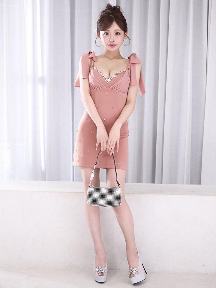 ショルダーリボンＶネックビジュータイトミニドレス/キャバドレス08