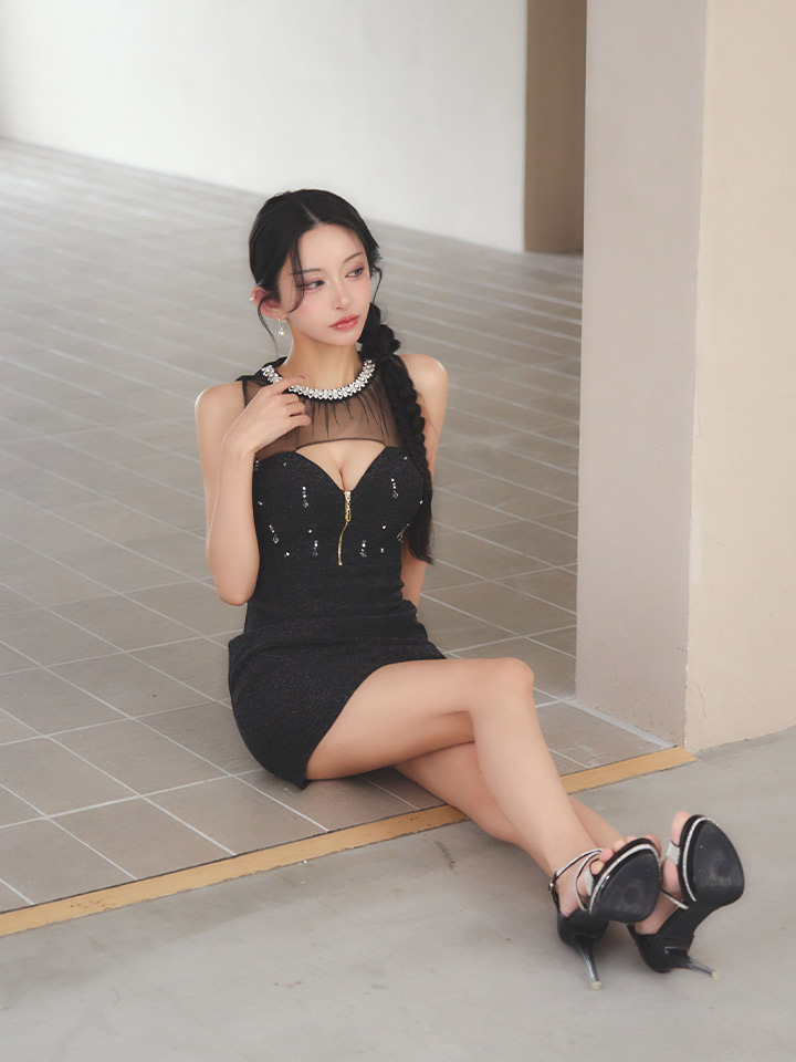 ドロップビジューデコルテシアーラメタイトミニドレス/キャバドレス5