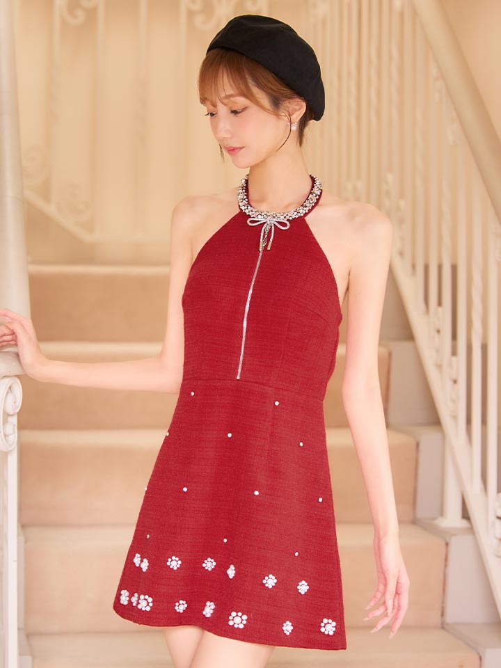 ホルターネックビジューツイードミニワンピースドレス/キャバドレス3