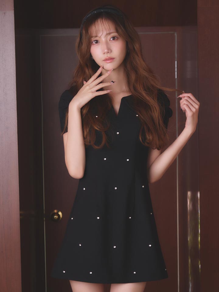 パフスリーブラメビジューAラインミニドレス/キャバドレス1