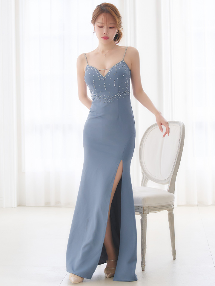 ビジューストレッチサイドスリットロングドレス/キャバドレス01