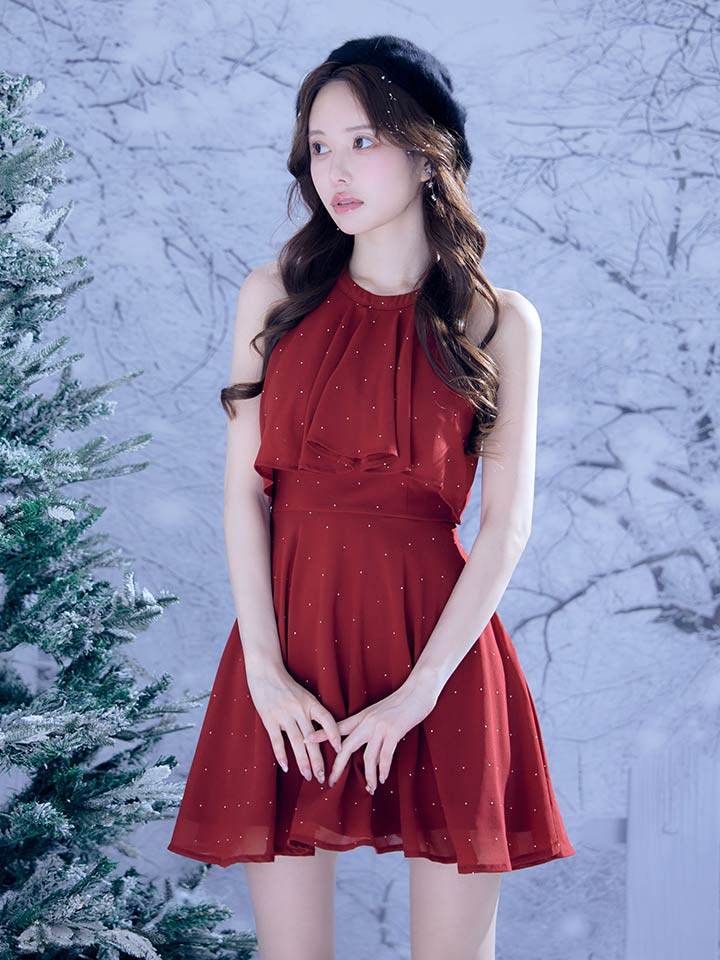 ホルターネックバックビジューフレアミニドレス/キャバドレス7