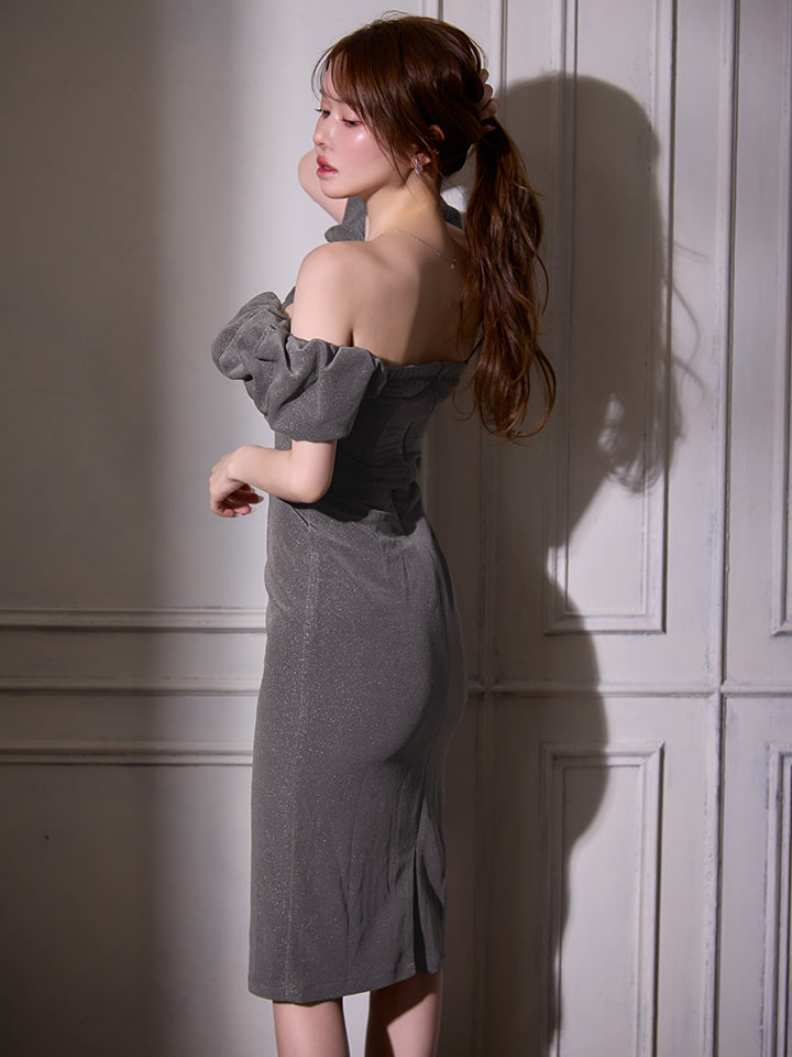 ボリュームオフショルラメタイトミディアムドレス/キャバドレス12
