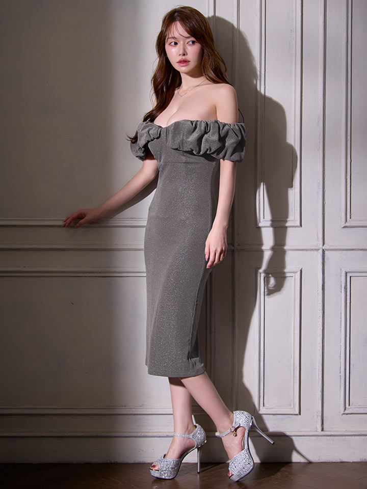 ボリュームオフショルラメタイトミディアムドレス/キャバドレス14