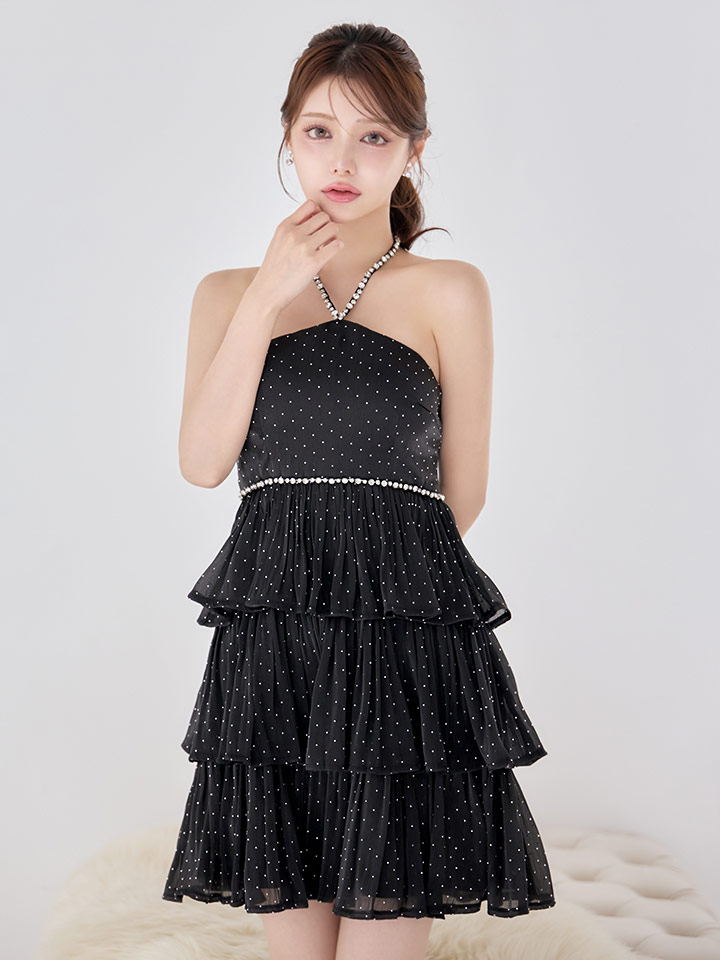 ビジューホルターネックスタッズティアードミニドレス/キャバドレス6