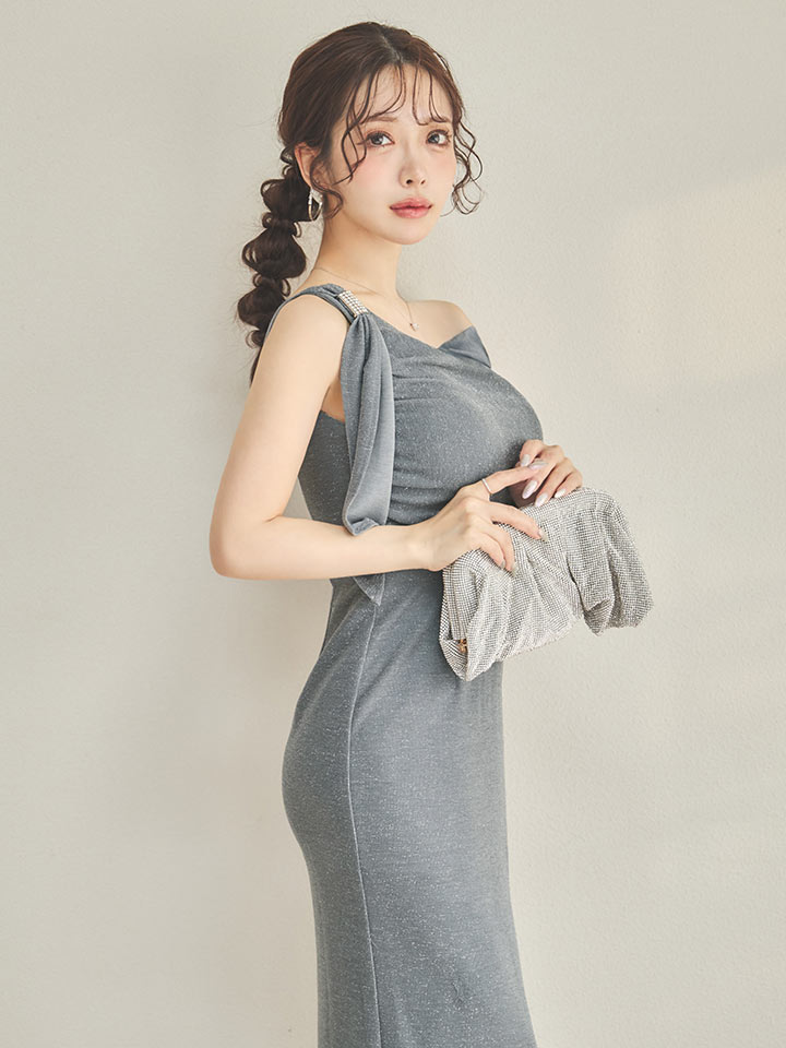 ウエストカットラメストレッチミディアムドレス/キャバドレス02