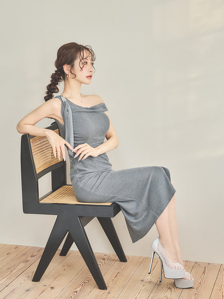 ウエストカットラメストレッチミディアムドレス/キャバドレス05