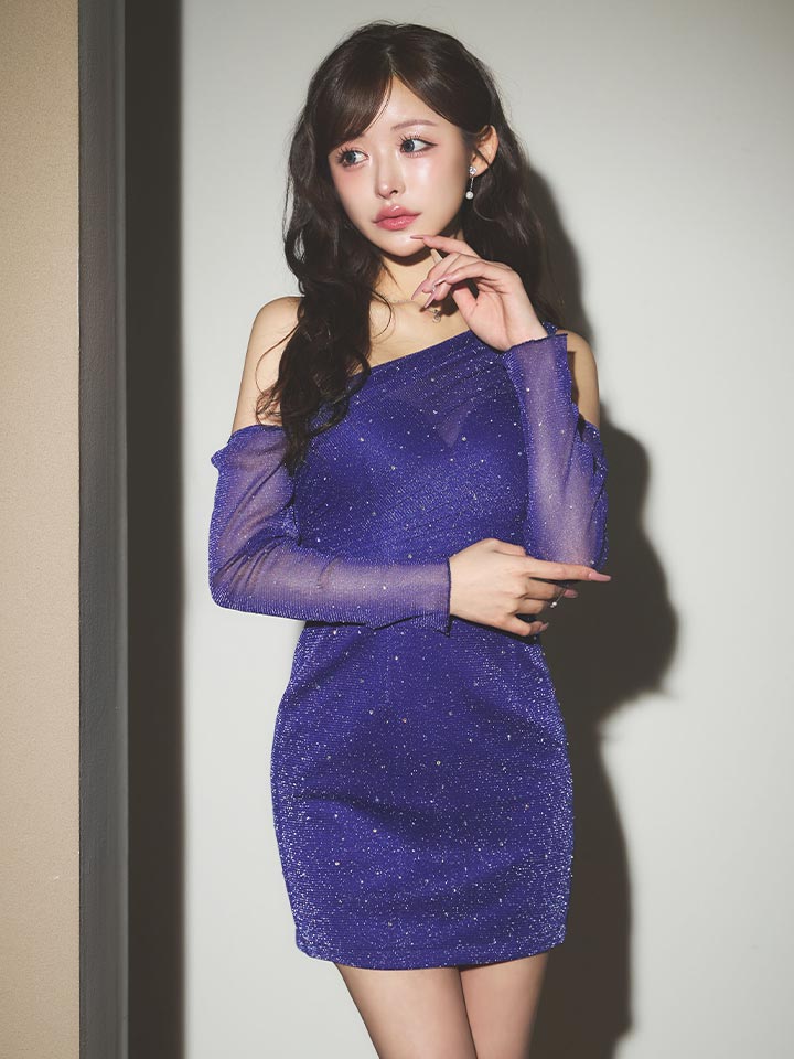 アームカバー付シアーラメビジューワンショルミニドレス/キャバドレス02