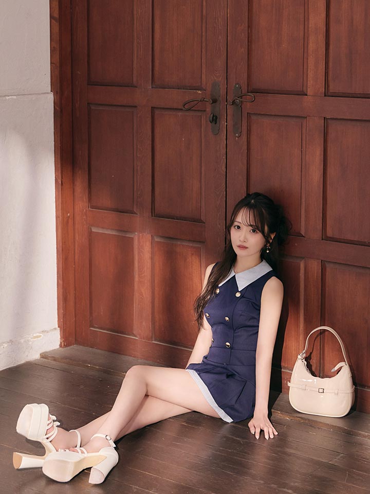 襟付き/ストライプ/ノースリーブ/スーツ生地/ボタン/プリーツスカート/ミニドレス/キャバドレス06