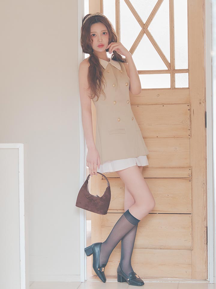 襟付き/ストライプ/ノースリーブ/スーツ生地/ボタン/プリーツスカート/ミニドレス/キャバドレス13