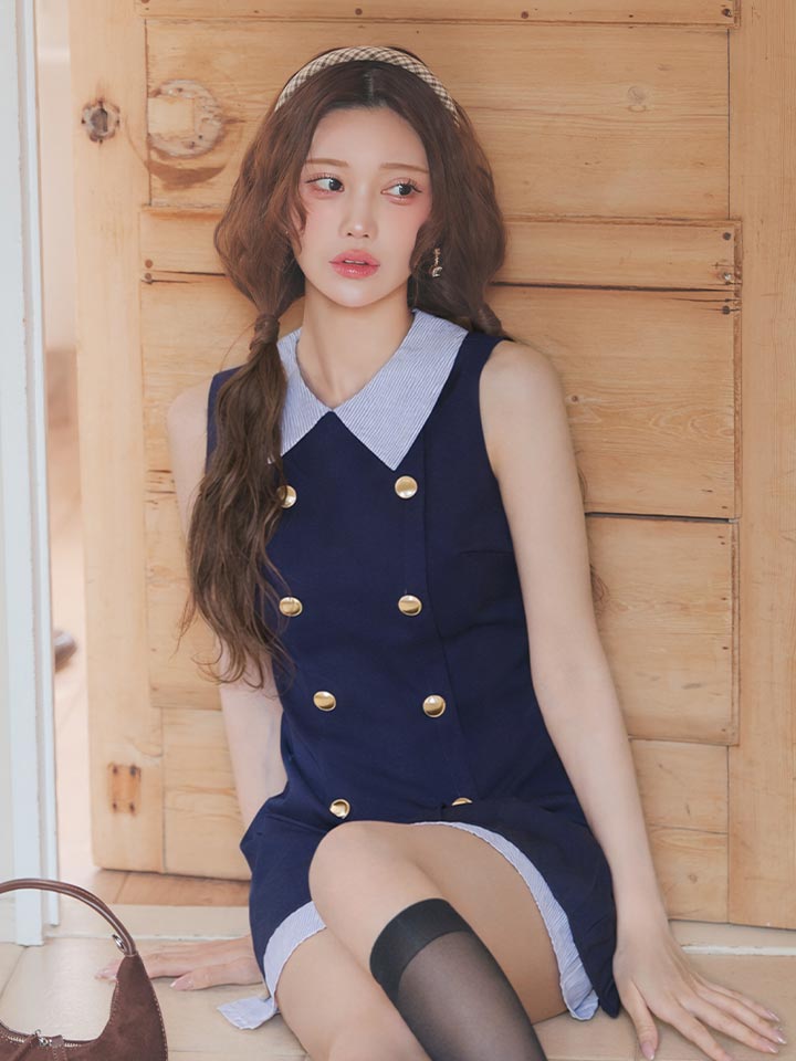 襟付き/ストライプ/ノースリーブ/スーツ生地/ボタン/プリーツスカート/ミニドレス/キャバドレス20