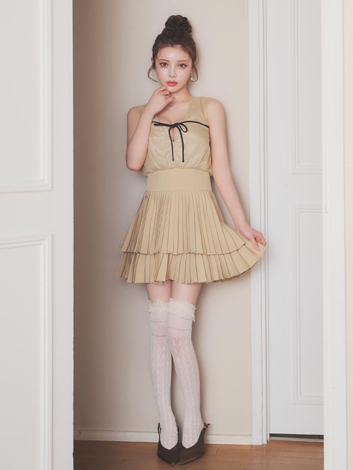 シフォン/リボン/ノースリーブ/プリーツ/Aライン/ミニドレス/キャバドレス01