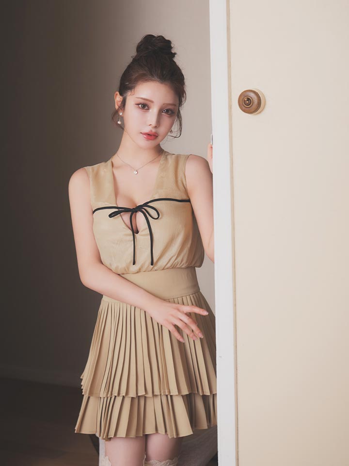 シフォン/リボン/ノースリーブ/プリーツ/Aライン/ミニドレス/キャバドレス08