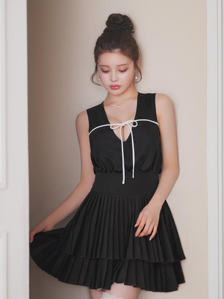 シフォン/リボン/ノースリーブ/プリーツ/Aライン/ミニドレス/キャバドレス09