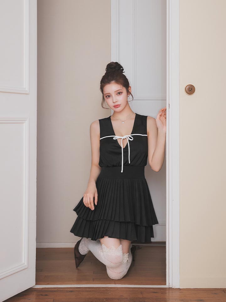 シフォン/リボン/ノースリーブ/プリーツ/Aライン/ミニドレス/キャバドレス10