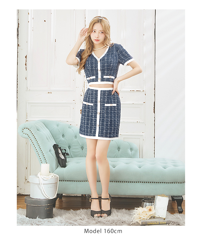 チェック柄セットアップツイードミニドレス/キャバドレス【XS-S