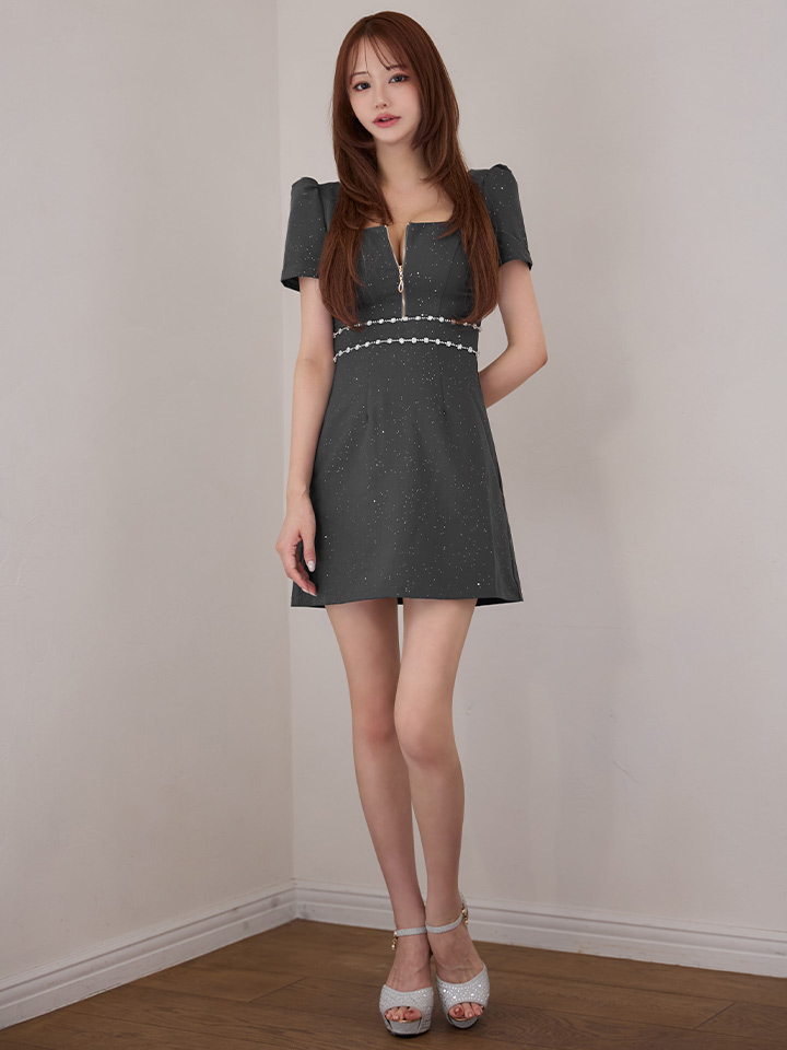 スクエアネックフロントジップワンピースミニドレス/キャバドレス13