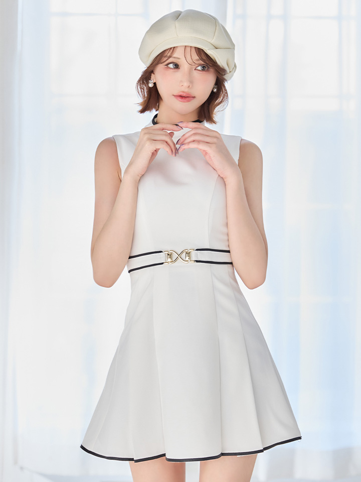 ハイネックパイピングプリーツミニドレス/キャバドレス02