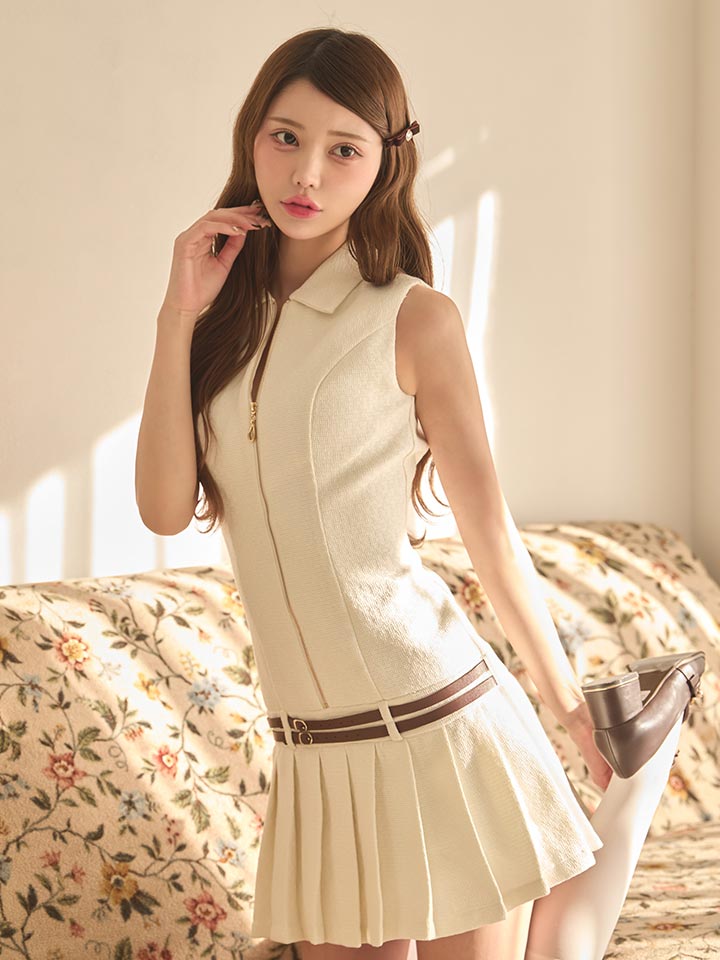 襟付き/ジップデザイン/ツイード/ジャガード/ノースリーブ/プリーツスカート/ローライズ/ベルト/ミニドレス/キャバドレス03