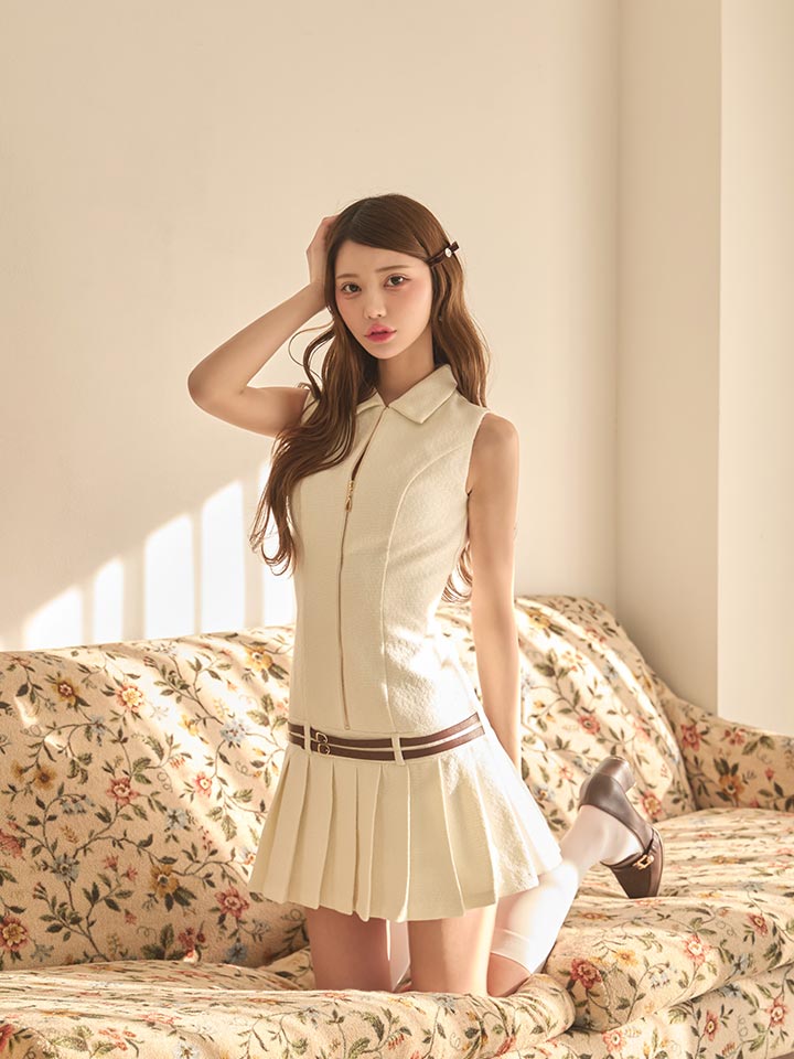 襟付き/ジップデザイン/ツイード/ジャガード/ノースリーブ/プリーツスカート/ローライズ/ベルト/ミニドレス/キャバドレス05