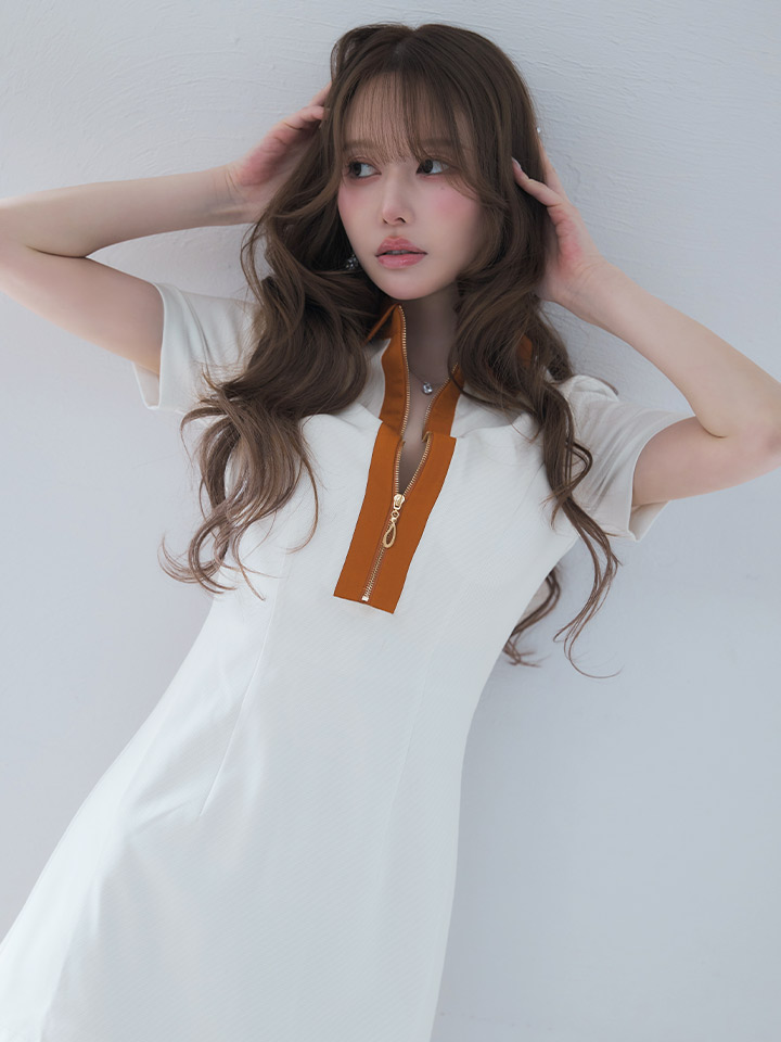 バイカラー/襟付き/フロントジップ/パイピング/半袖/Aライン/ミニドレス/キャバドレス04