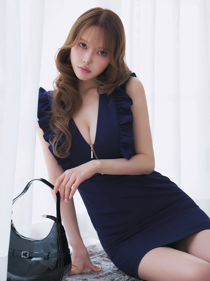 ノースリーブ/フロントジップ/Vネック/フリル/ベルト/タイト/ミニドレス/キャバドレス03