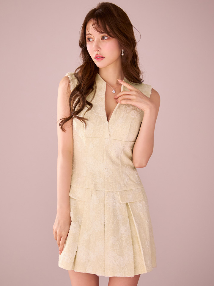 レースツイードキーネックプリーツミニドレス/キャバドレス3