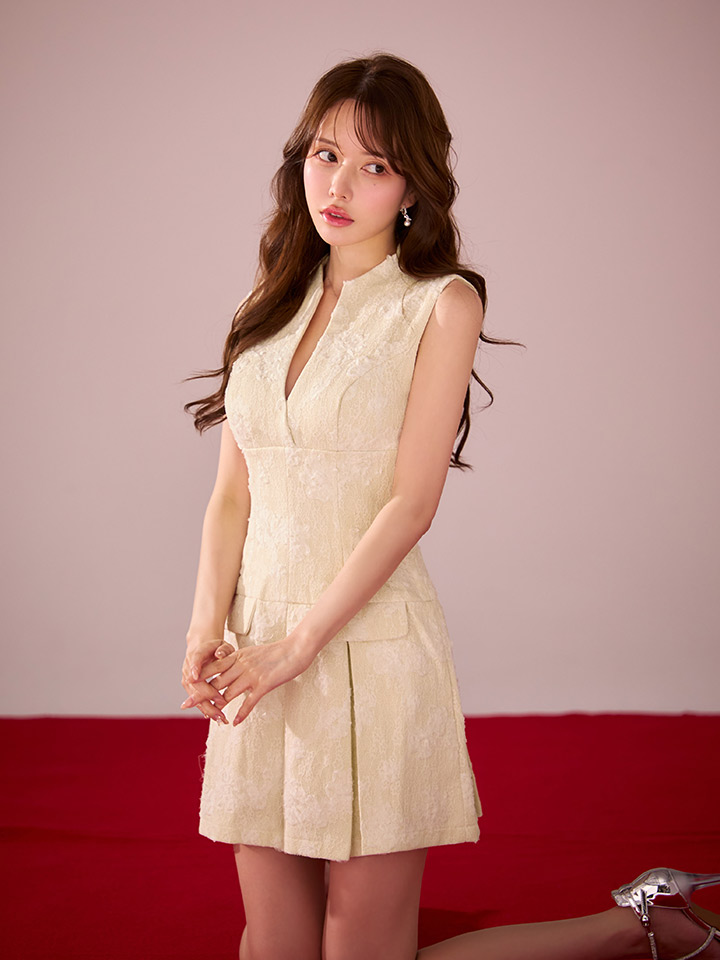 レースツイードキーネックプリーツミニドレス/キャバドレス4