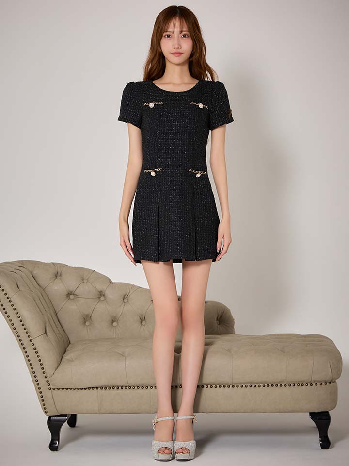 プリーツスカートツイードワンピースドレス/キャバドレス33