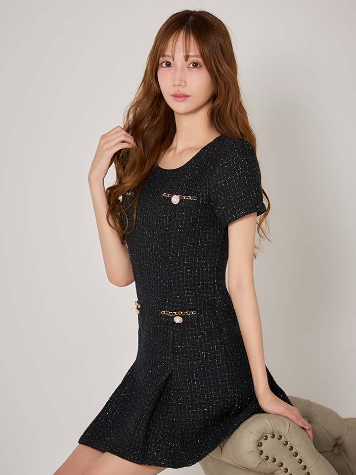 プリーツスカートツイードワンピースドレス/キャバドレス35