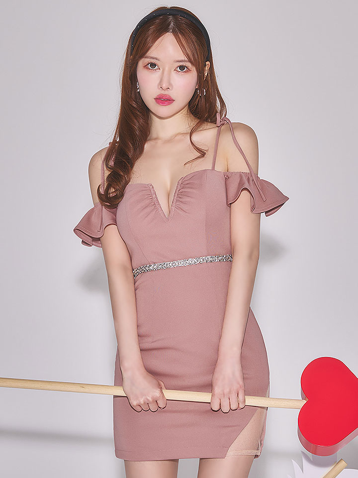 肩紐リボンオフショルウエストビジューミニドレス01