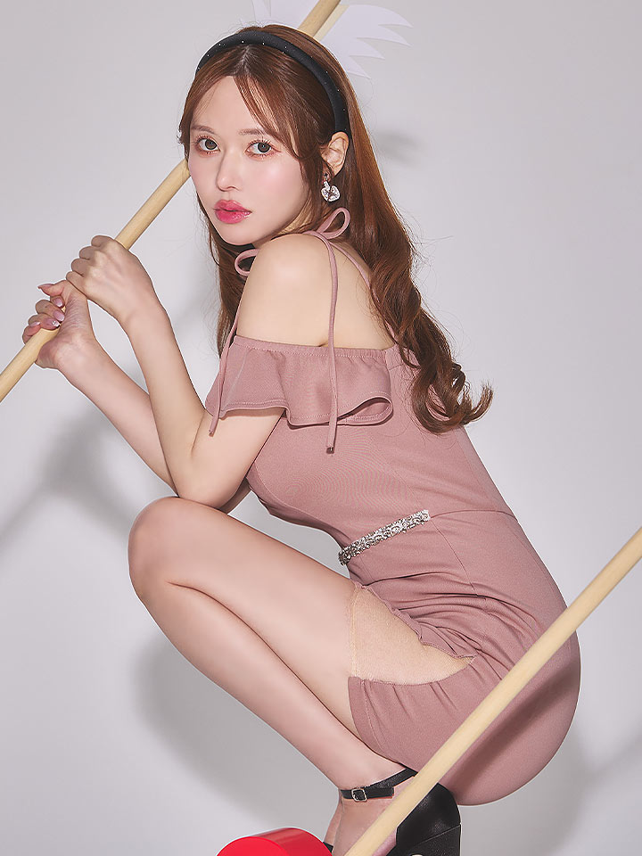 肩紐リボンオフショルウエストビジューミニドレス05