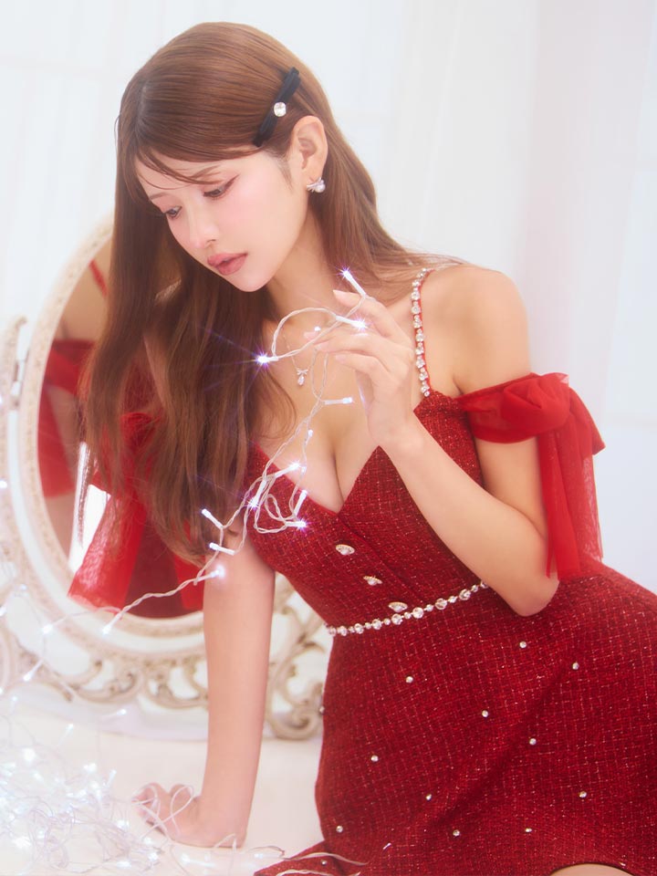 リボンオフショルツイードフレアミニドレス/キャバドレス4